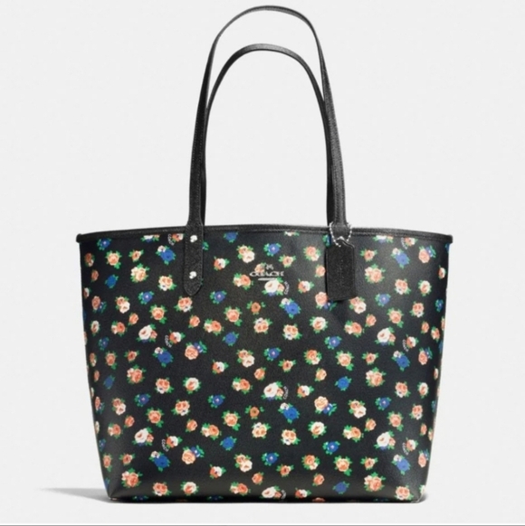 Coach F57668 Reversible City Tote in Tea Rose Floral and Black Multi Color - Picture 1 of 13